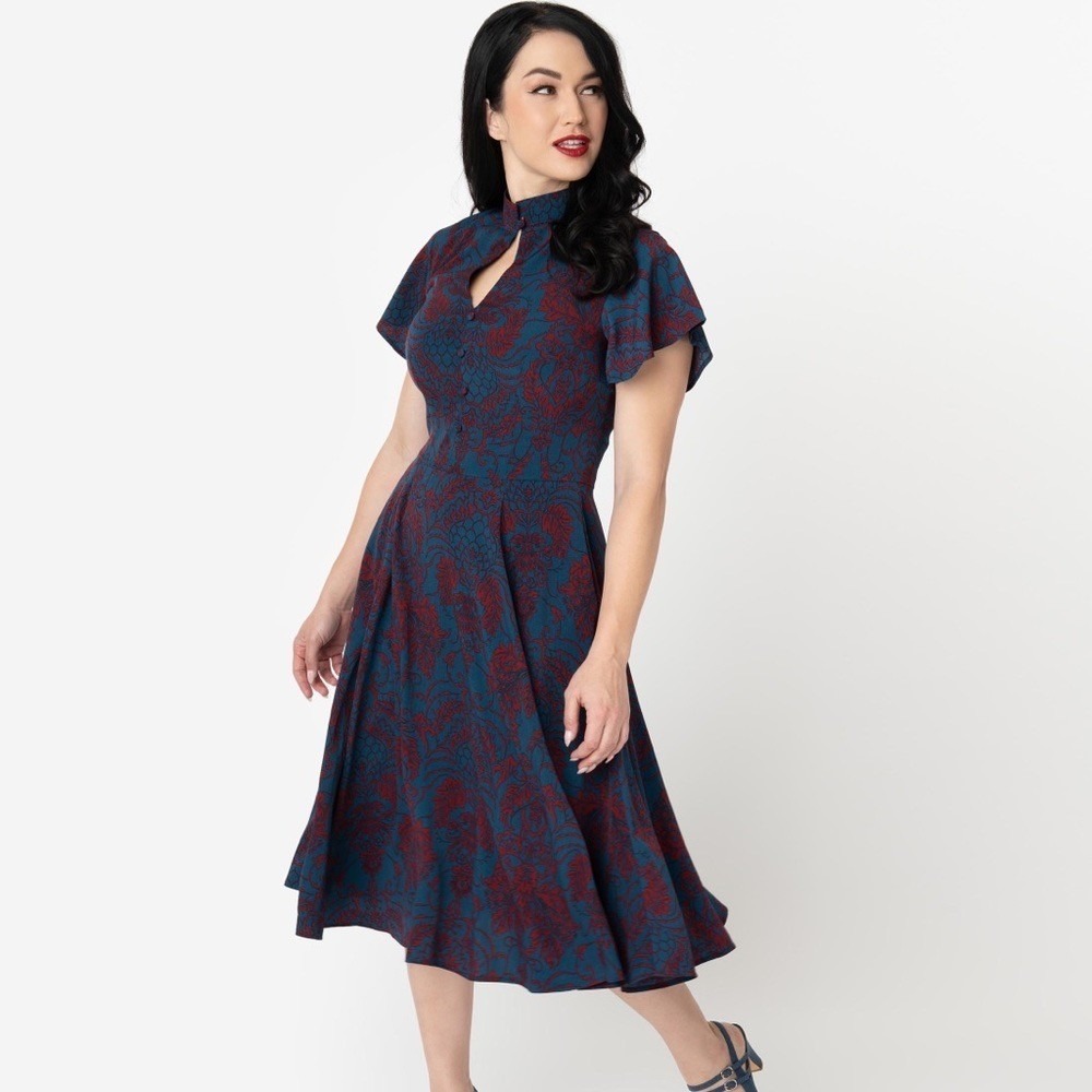 UNIQUE VINTAGE 1950s Damask Baltimore Swing Dress Blue Red Retro Pinup X-Large - Picture 6 of 13